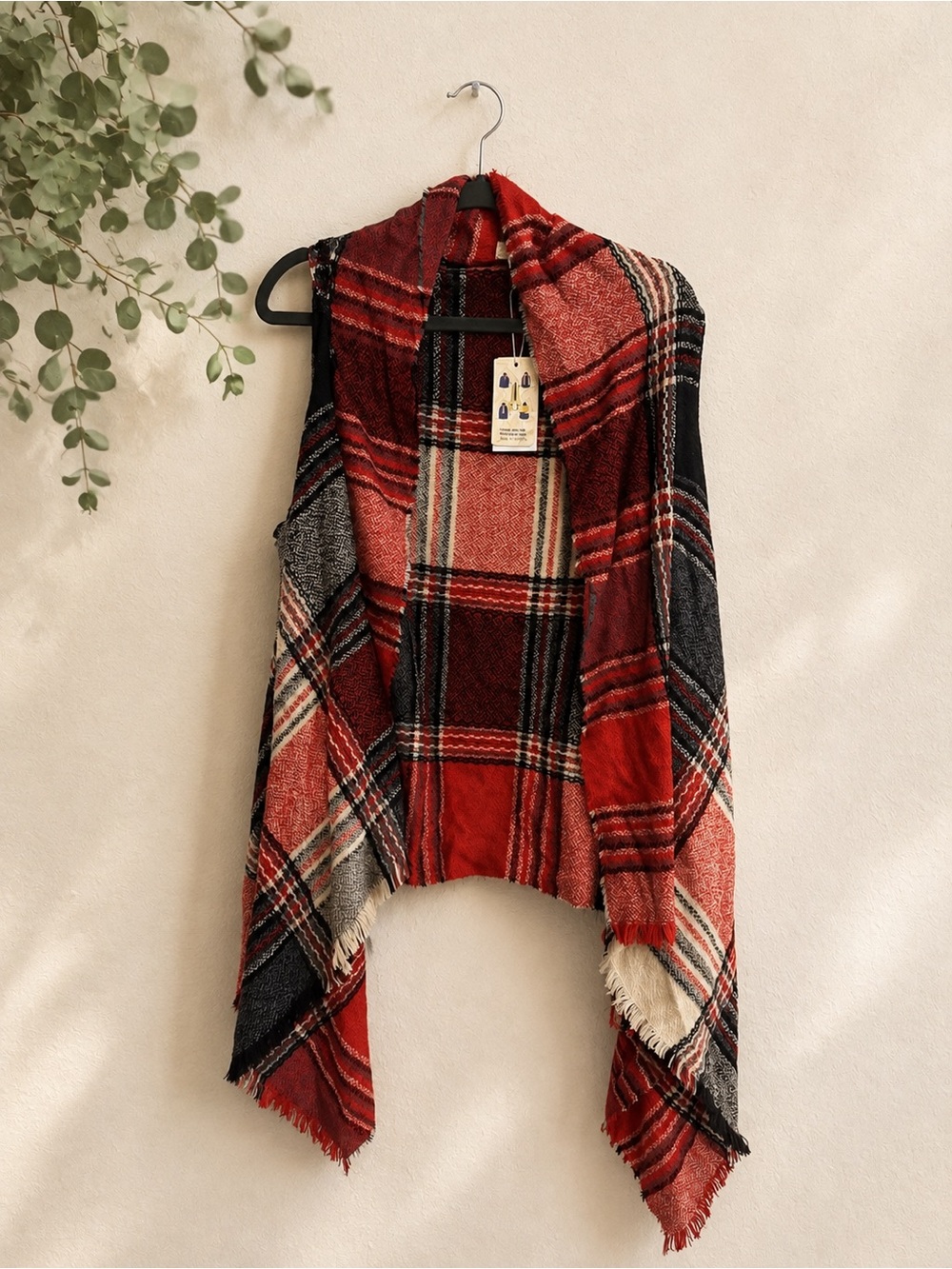 Red Plaid Hooded Shawl Vest - Women’s Cozy Layer